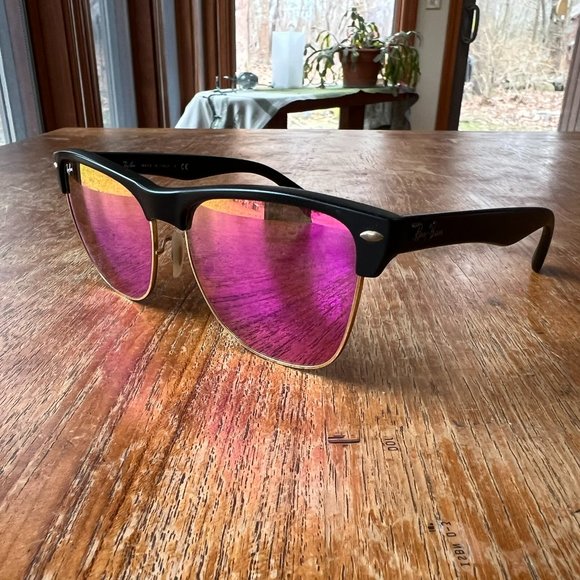 Ray-Ban Clubmaster Matte Black Frame on Gold Pink Reflective Lenses Sunglasses - Picture 3 of 6